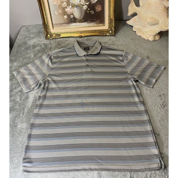 Greg Norman Tasso Elba Polo Shirt Mens 2XL Shark Play Dri Tan Stripe performance - Picture 1 of 5